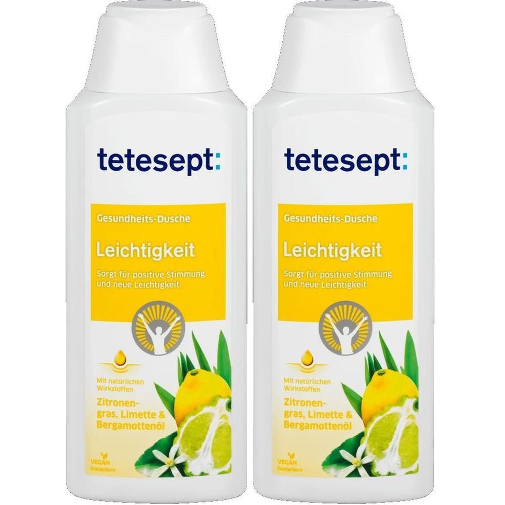 Zwei weiße Flaschen mit gelben Etiketten. Aufschrift: tetesept, Gesundheits-Dusche, Leichtigkeit. Mit Zitronen- und Bergamottenöl.