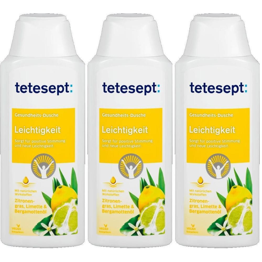 Drei weiße Flaschen mit gelben Etiketten. Aufschrift: tetesept, Gesundheits Dusche, Leichtigkeit. Abbildung von Zitrone und Blättern.