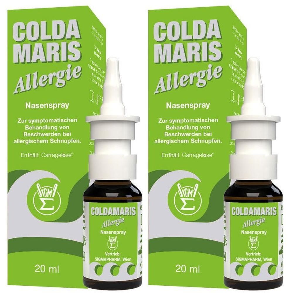 Zwei Flaschen COLDAMARIS Allergie Nasenspray mit grüner Verpackung. Aufschrift: Allergie, Nasenspray, 20 ml. Enthält Carragelose.
