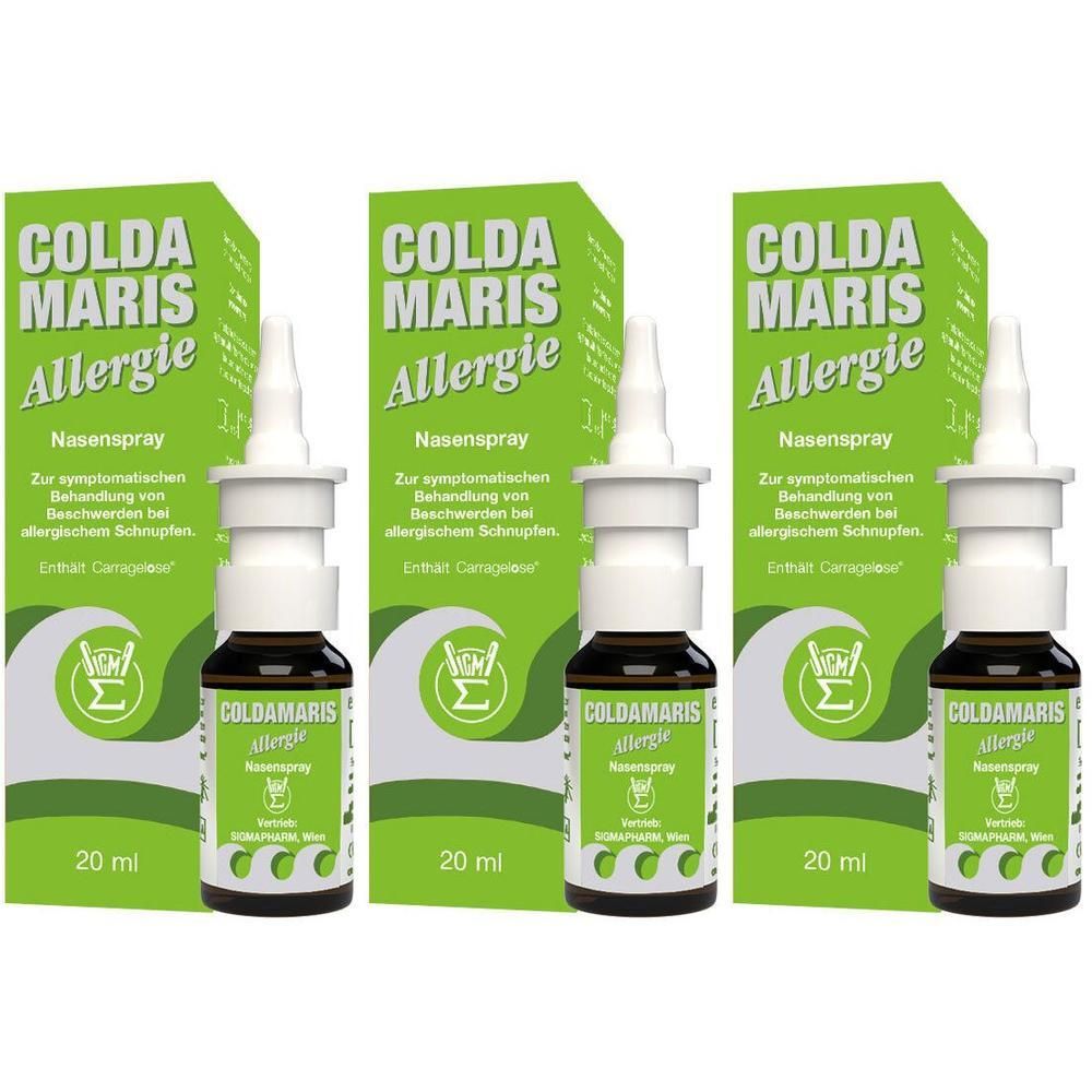 Drei Flaschen und Verpackungen von COLDAMARIS Allergie Nasenspray. Grüne Verpackung mit weißer Schrift. Flaschen mit Sprühaufsatz.