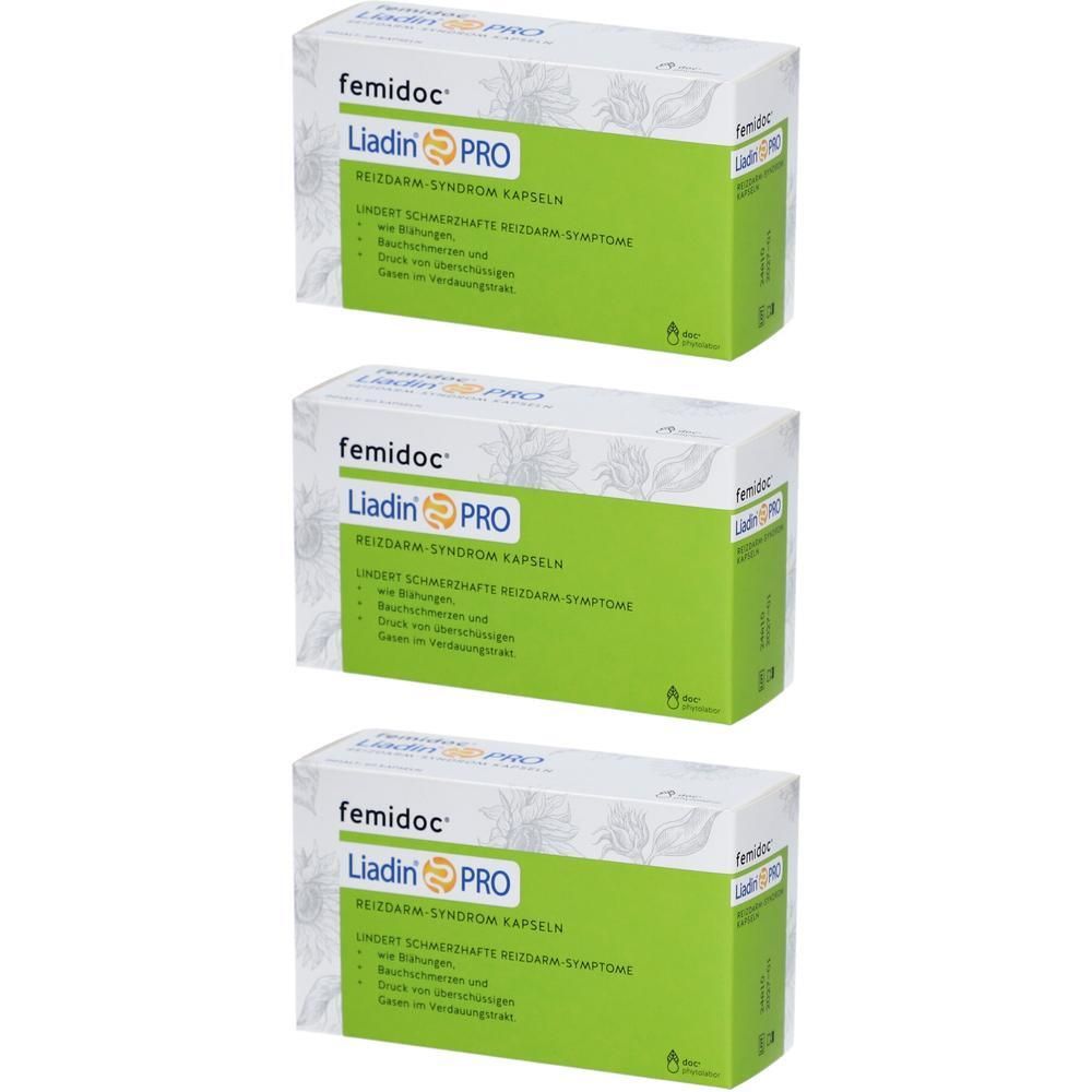 Drei Schachteln femidoc Liadin PRO. Weiße Schachteln mit grünen Akzenten und Produktinformationen. Text: Reizdarmsyndrom Kapseln.
