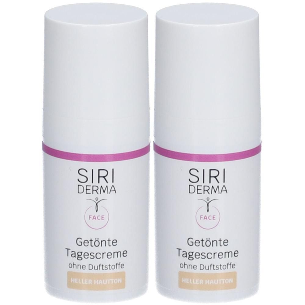 Zwei weiße Flaschen mit rosa Akzenten. Aufschrift: SIRI DERMA, Getönte Tagescreme ohne Duftstoffe. Für helle Haut.