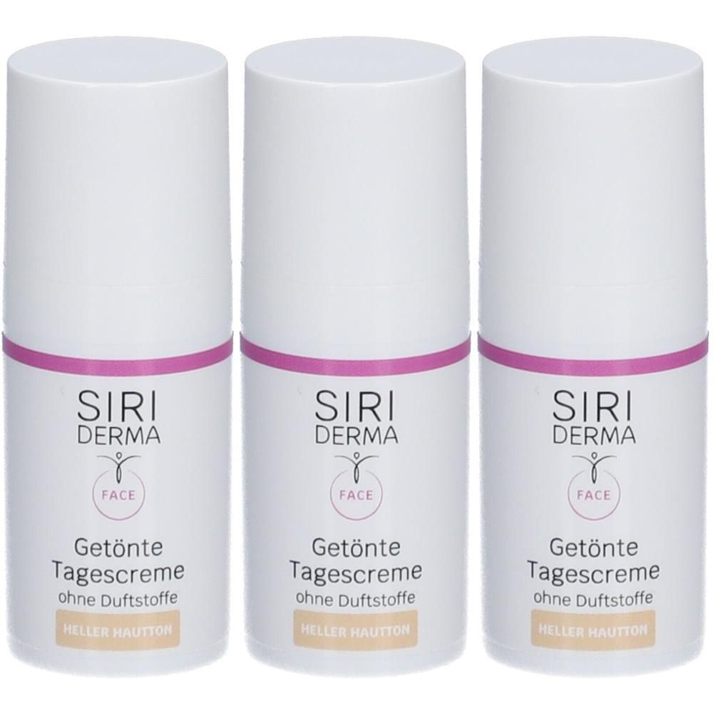 Drei weiße Cremetuben mit rosa Akzenten. Auf jeder Tube steht "SIRI DERMA FACE Getönte Tagescreme ohne Duftstoffe".