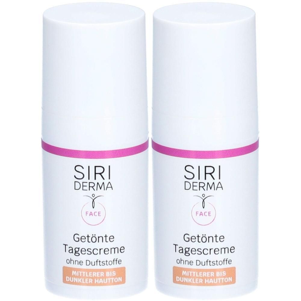 Zwei weiße Flaschen mit rosa Akzenten. Aufschrift: SIRI DERMA FACE, Getönte Tagescreme, ohne Duftstoffe. Für mittlere bis dunkle Hauttöne.