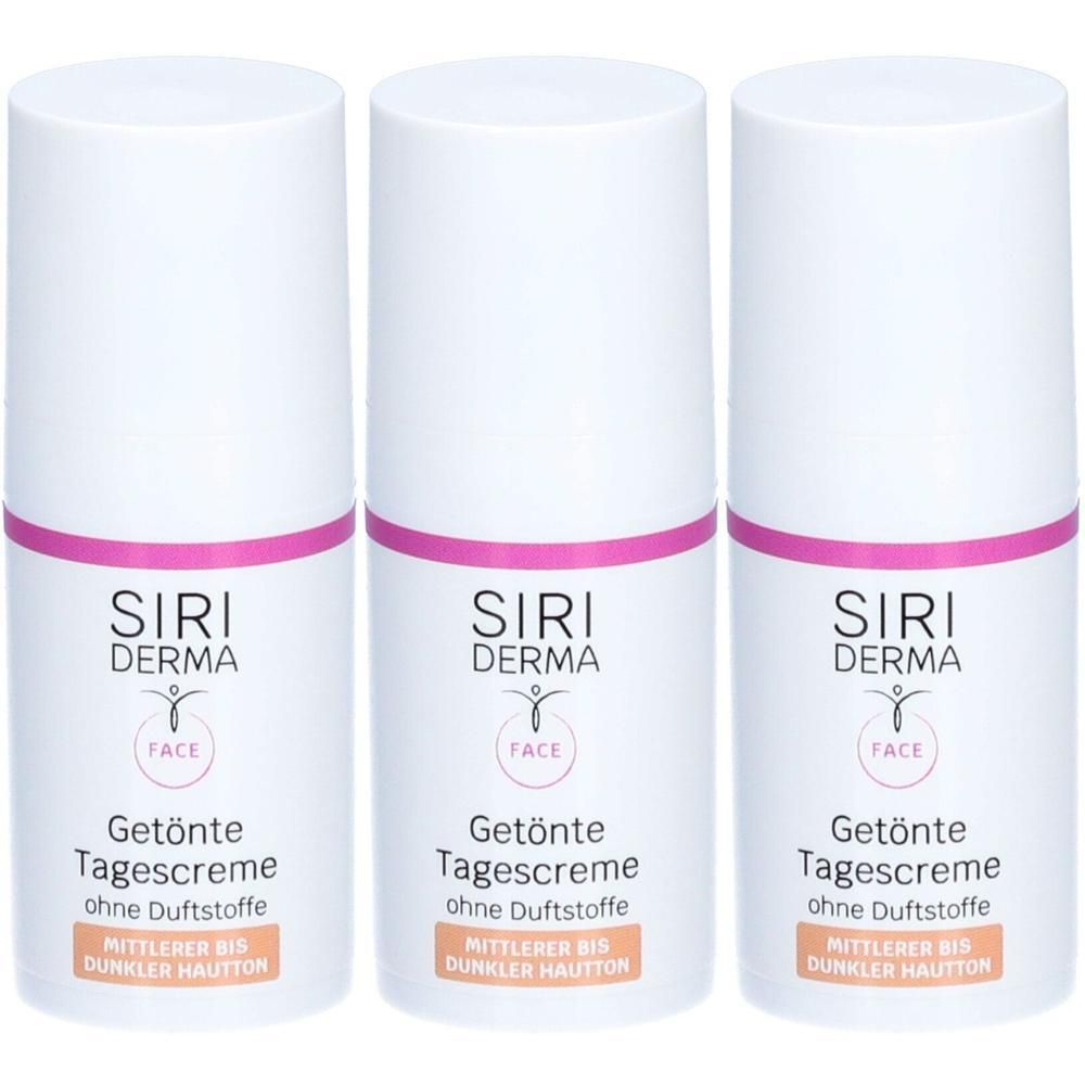 Drei weiße Flaschen mit rosa Akzenten. Aufschrift: SIRI DERMA FACE Getönte Tagescreme ohne Duftstoffe. Für mittlere bis dunkle Hauttöne.