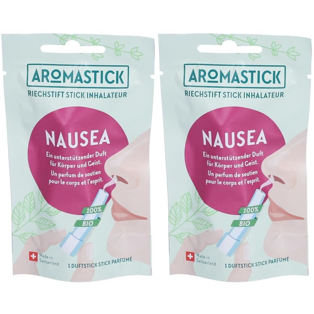 Zwei Beutel mit Aromastick Nausea. Aufschrift: Aromastick, Riechstift, Nausea, 100% Bio. Schweizer Kreuz.