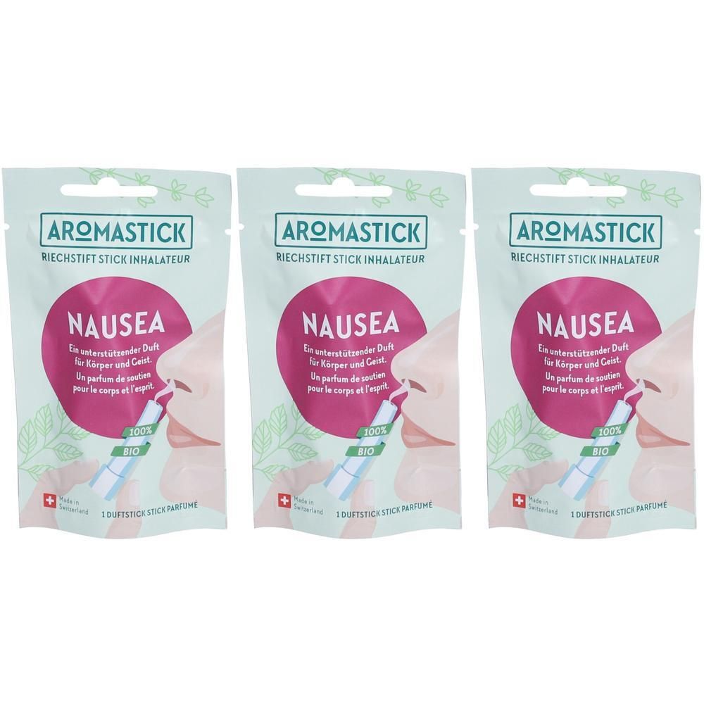 Drei Beutel mit AROMASTICK NAUSEA. Jeder Beutel zeigt ein Nasenprofil und einen Inhalator. Text: Riechstift Stick Inhalateur, 100% Bio.