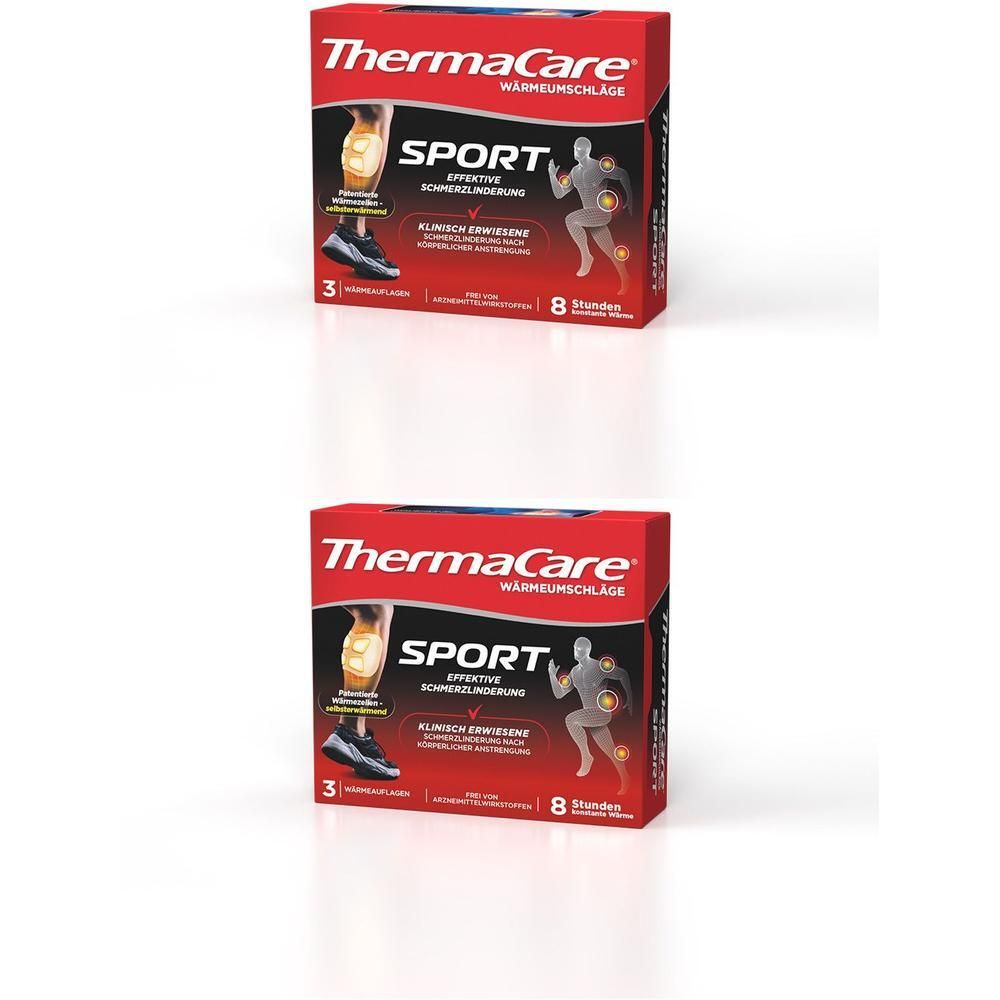 Zwei Packungen ThermaCare® Sport Wärmeumschläge. Rote Verpackung mit Produktabbildung und Text. 3 Stück pro Packung, 8 Stunden Wärme.
