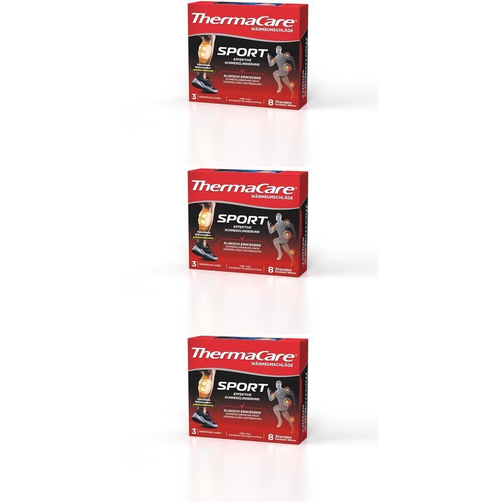 Drei Packungen ThermaCare® Sport Wärmeumschläge. Rote Verpackung mit Produktabbildung und Schriftzug SPORT.