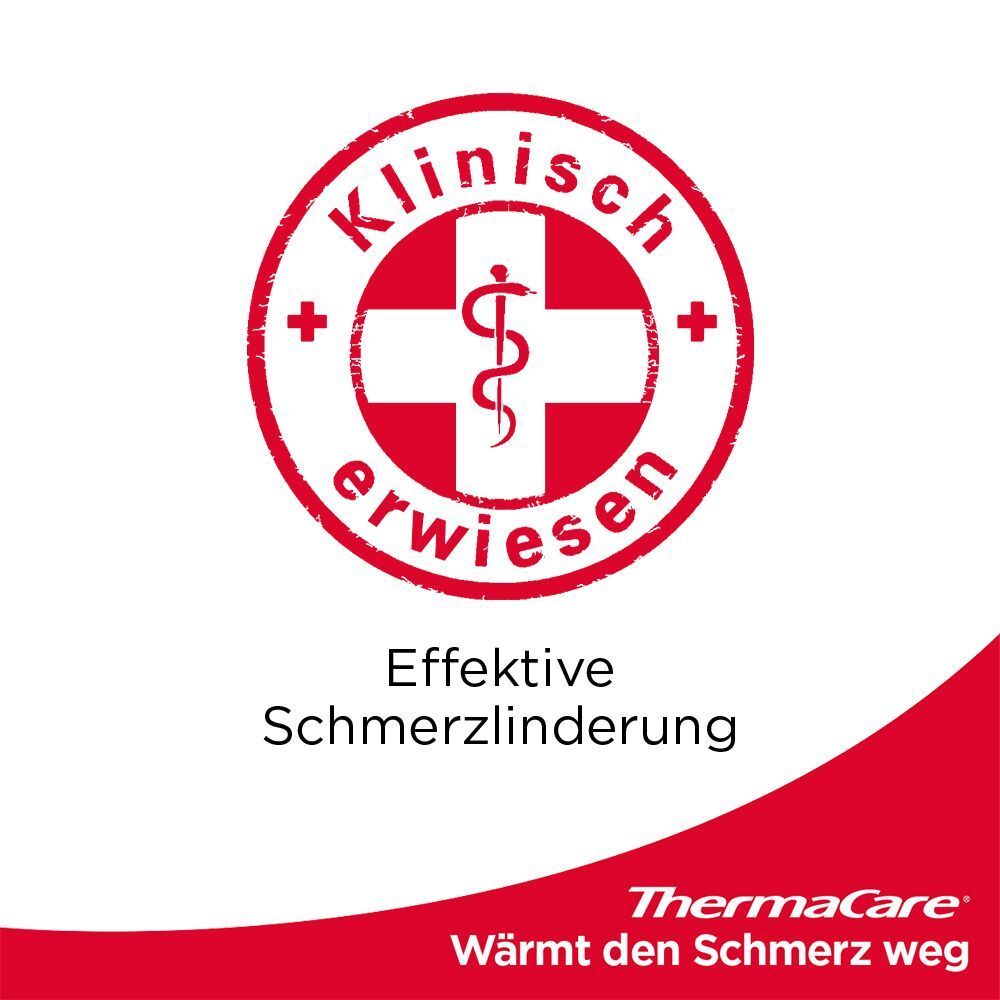 Rotes Symbol mit Kreuz und Äskulapstab. Text: Klinisch erwiesen, Effektive Schmerzlinderung. ThermaCare® Logo.