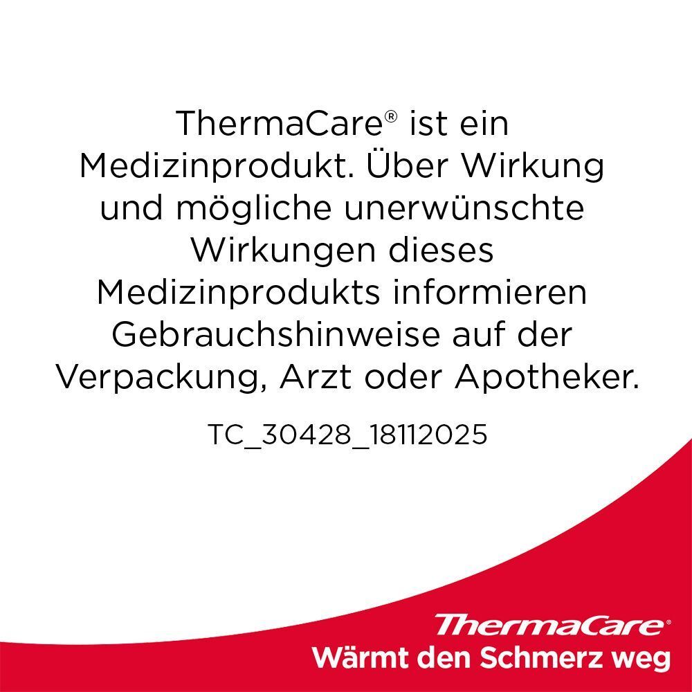 Text: ThermaCare® ist ein Medizinprodukt. Informationen zu Wirkung und Nebenwirkungen. ThermaCare® Logo.