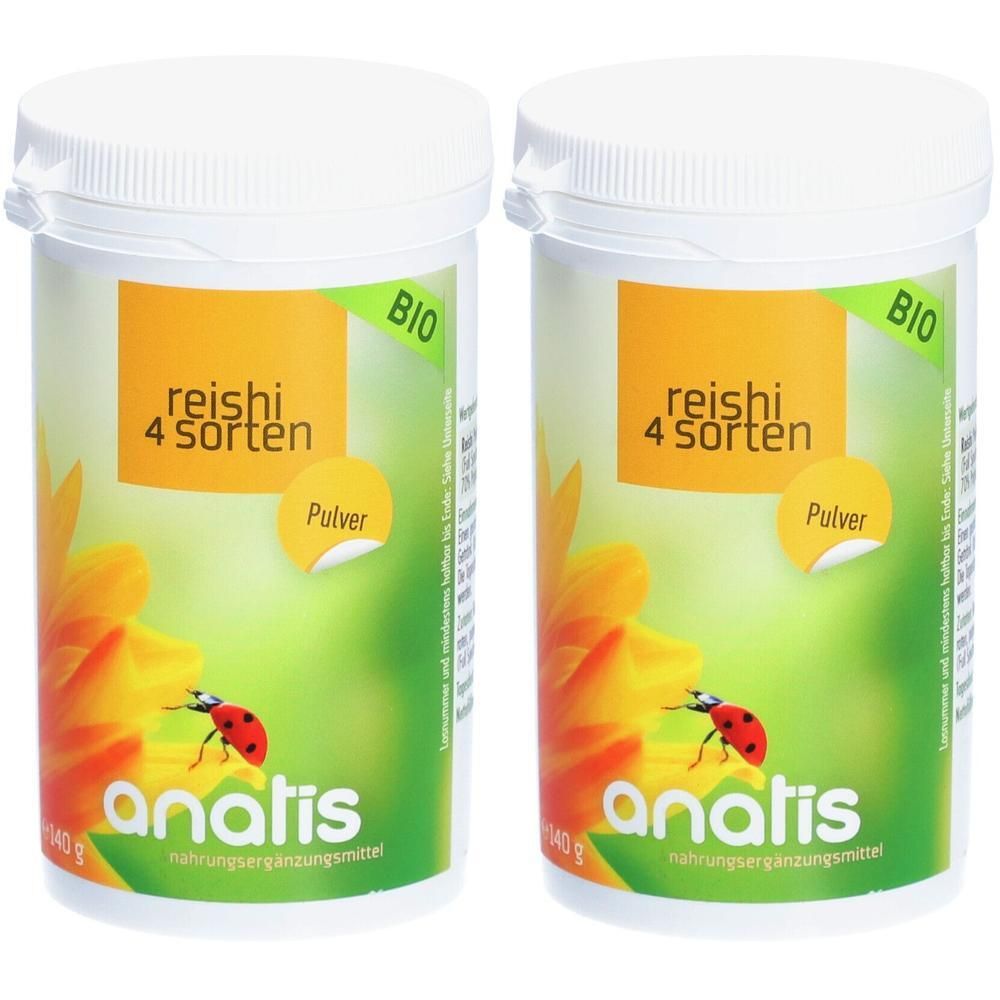 Zwei weiße Dosen mit Deckel. Aufschrift: Reishi 4 Sorten, BIO, Pulver. Logo: Anatis. Abbildung: Blume und Marienkäfer.