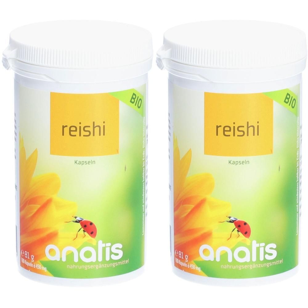 Zwei weiße Behälter mit Deckel. Aufkleber mit "reishi" und "anatis". Bio-Siegel. Abbildung einer Blume und eines Marienkäfers.