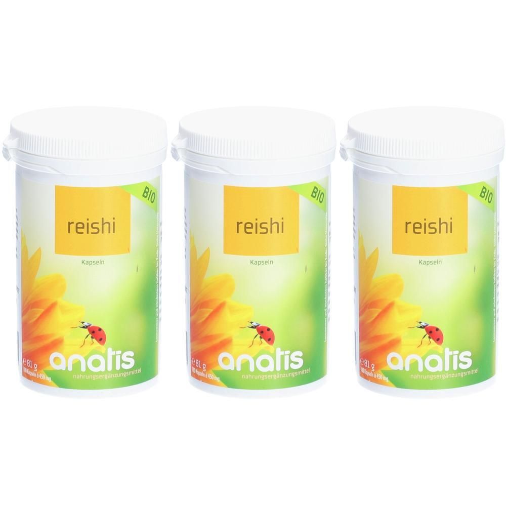 Drei weiße Dosen mit Deckel. Auf jeder Dose steht "reishi" auf einem gelben Feld. Darunter "anatis". BIO-Siegel.