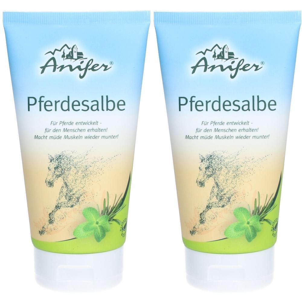 Zwei Tuben mit blauer und weißer Aufmachung. Aufschrift: Anifer Pferdesalbe. Abbildung eines Pferdes.