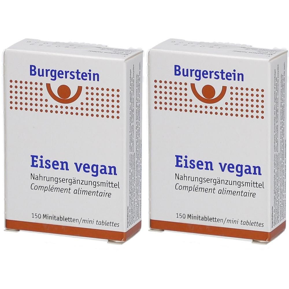 Zwei weiße Schachteln mit der Aufschrift Burgerstein Eisen vegan. Aufschrift in Deutsch und Französisch. 150 Minitabletten.