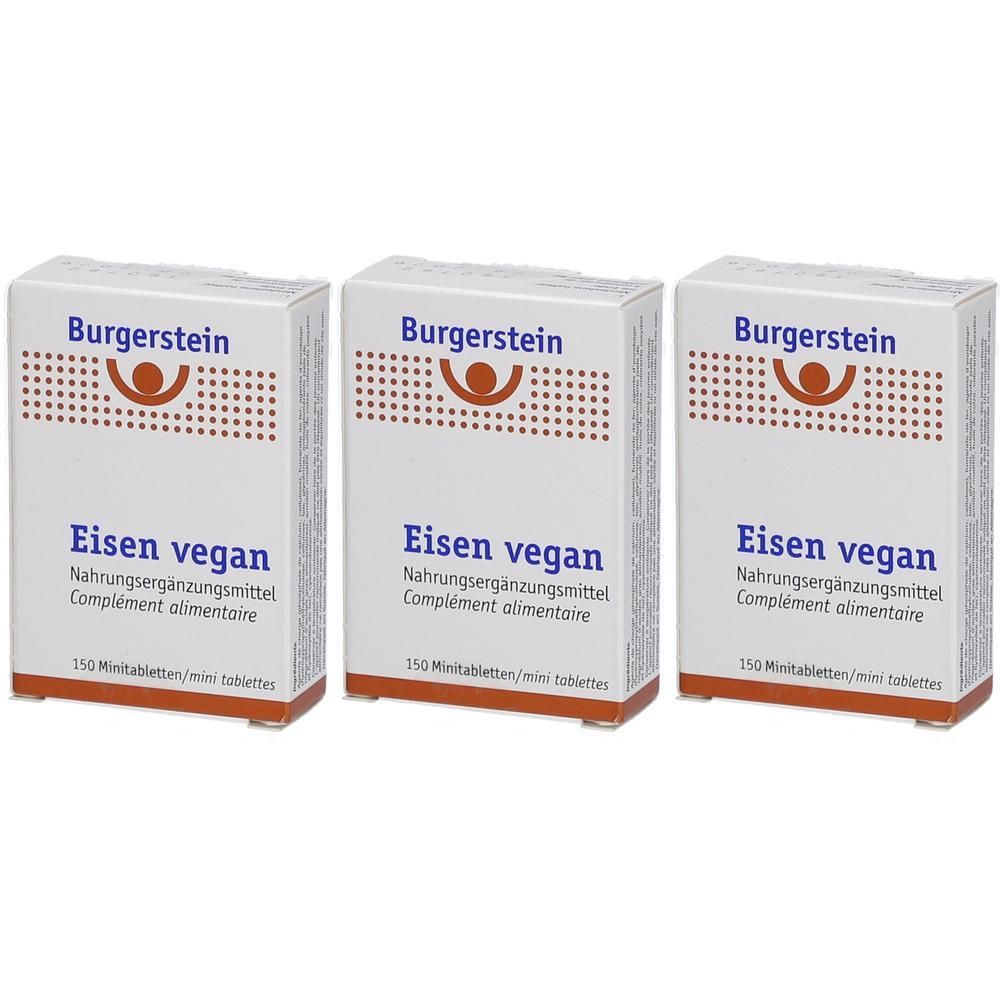 Drei weiße Schachteln mit der Aufschrift "Burgerstein Eisen vegan". Jede Schachtel enthält 150 Tabletten.