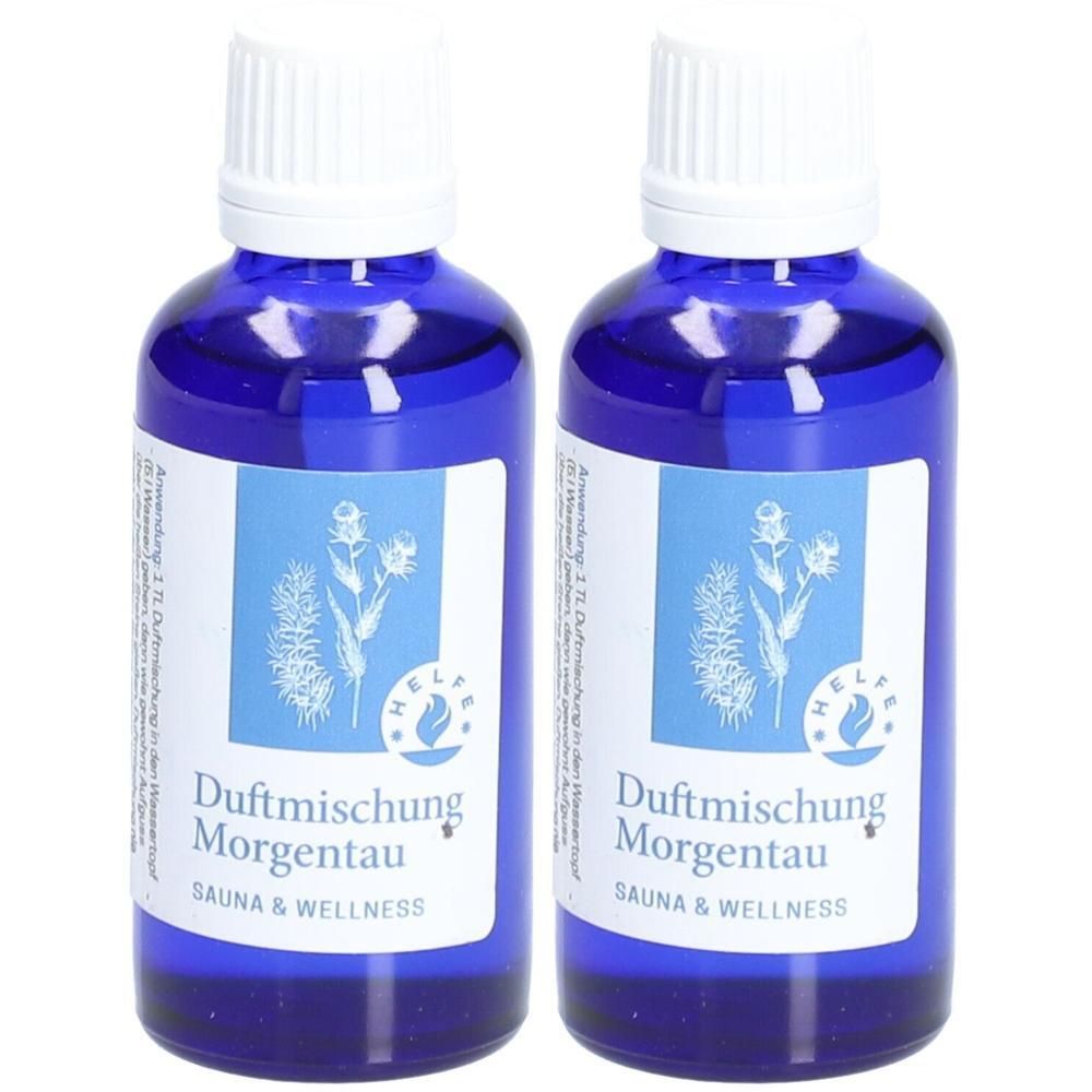 Zwei blaue Glasflaschen mit weißen Deckeln. Auf den Etiketten steht "Duftmischung Morgentau" und "SAUNA & WELLNESS".