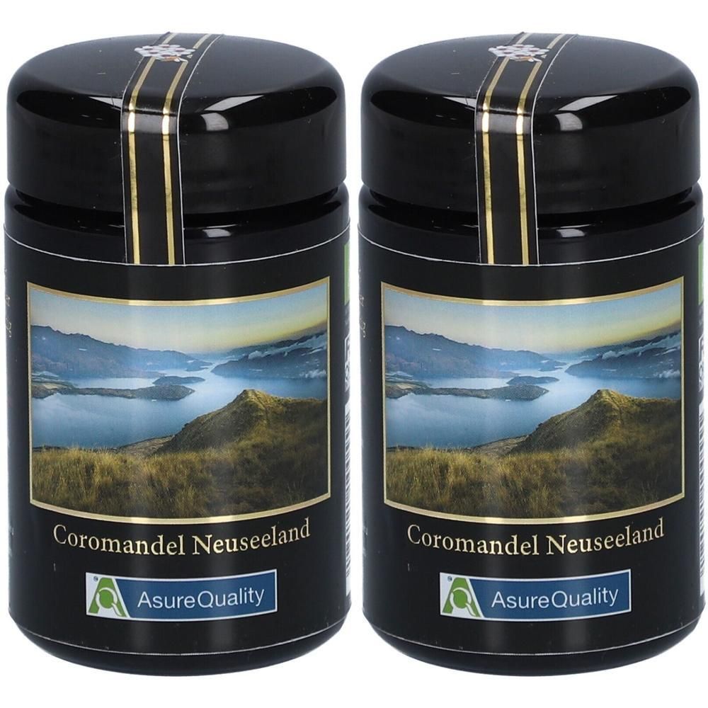 Zwei schwarze Gläser mit Deckel. Aufschrift: Coromandel Neuseeland. AsureQuality-Siegel. Landschaftsbild.