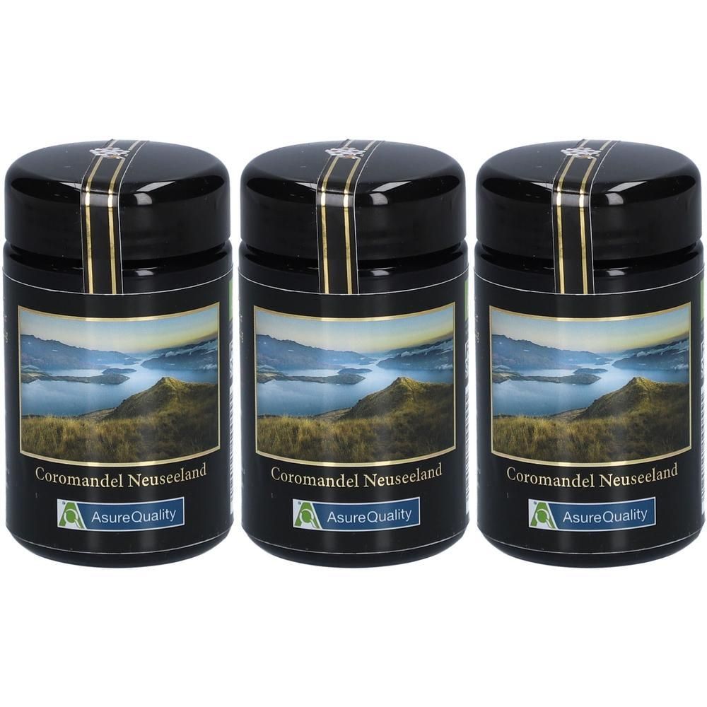 Drei schwarze Gläser mit Honig. Aufschrift: Coromandel Neuseeland. Mit Landschaftsbild und AsureQuality-Siegel.