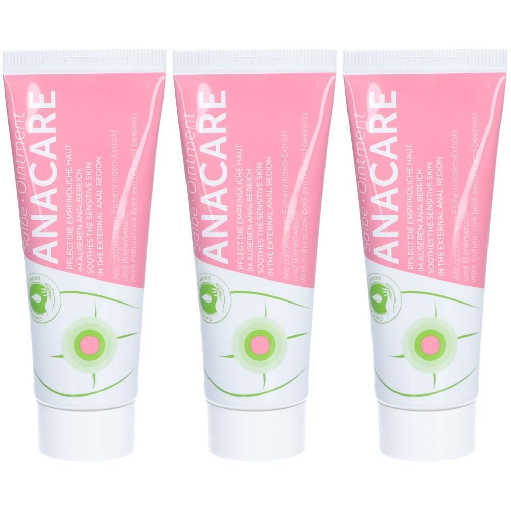 Drei Tuben ANACARE Ointment. Rosa Tuben mit weißem Deckel. Aufschrift: ANACARE, pflegt die empfindliche Haut, beruhigt die sensible Haut.