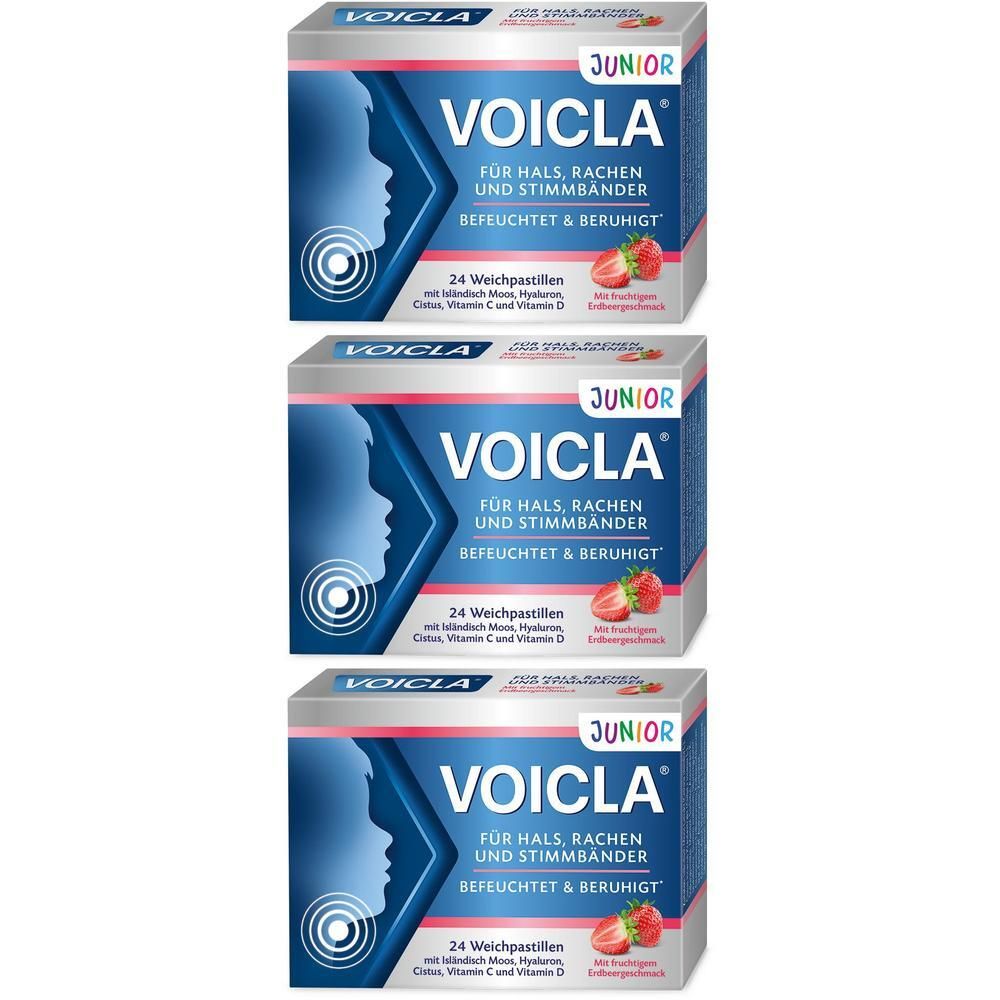 Drei Schachteln VOICLA Junior. Blaue und weiße Verpackung mit Produktnamen, Text und Erdbeeren. Enthält 24 Weichpastillen.