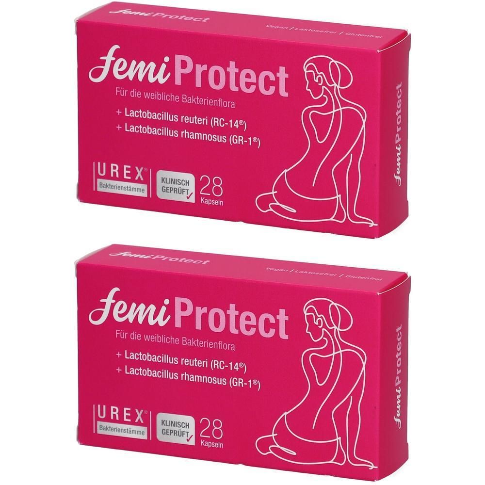 Zwei rosa Schachteln mit "femiProtect"-Aufdruck. Enthält 28 Kapseln. Aufschrift: Für die weibliche Bakterienflora.