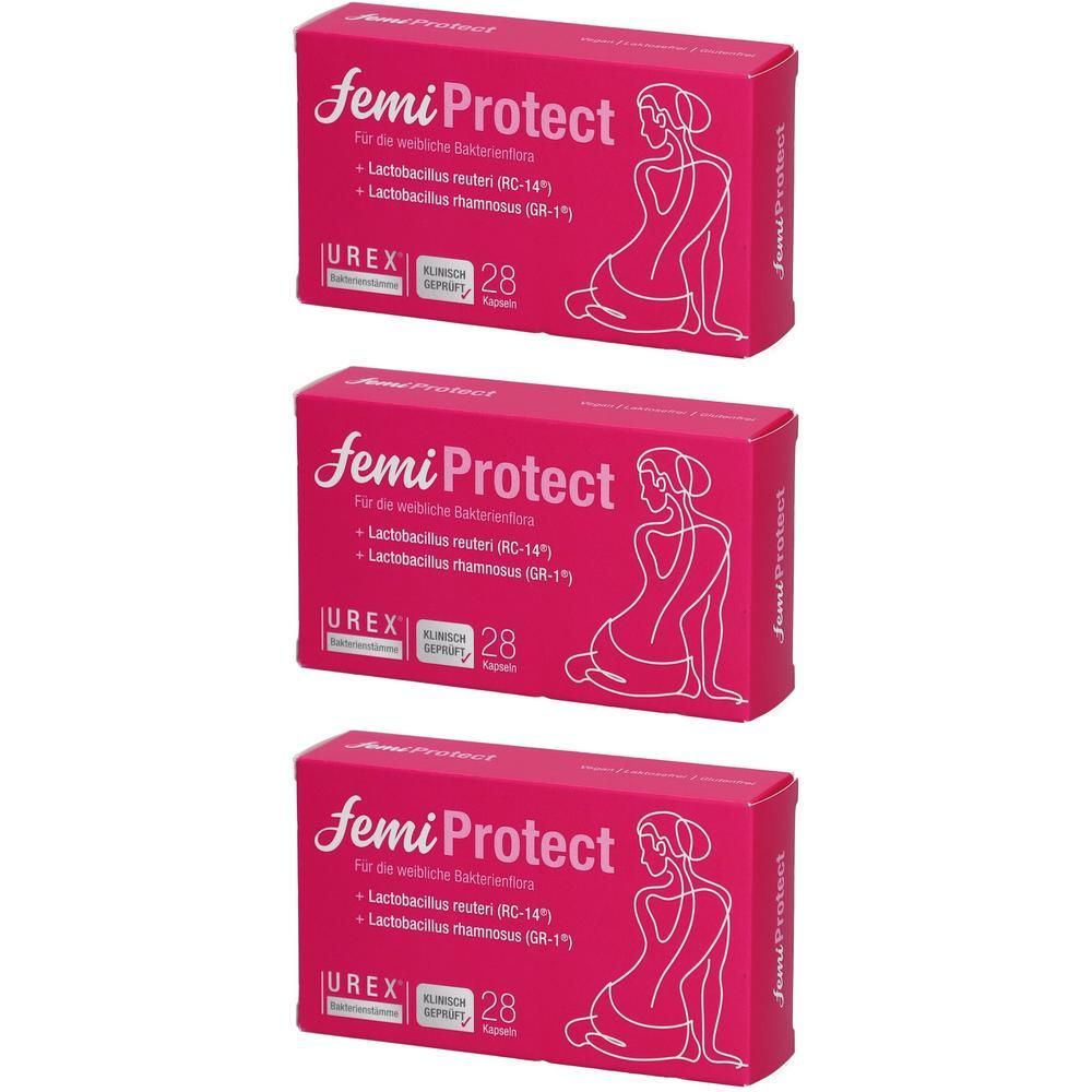Drei rosa Schachteln mit dem Produktnamen femiProtect. Auf jeder Schachtel sind Logos und Textinformationen abgebildet.