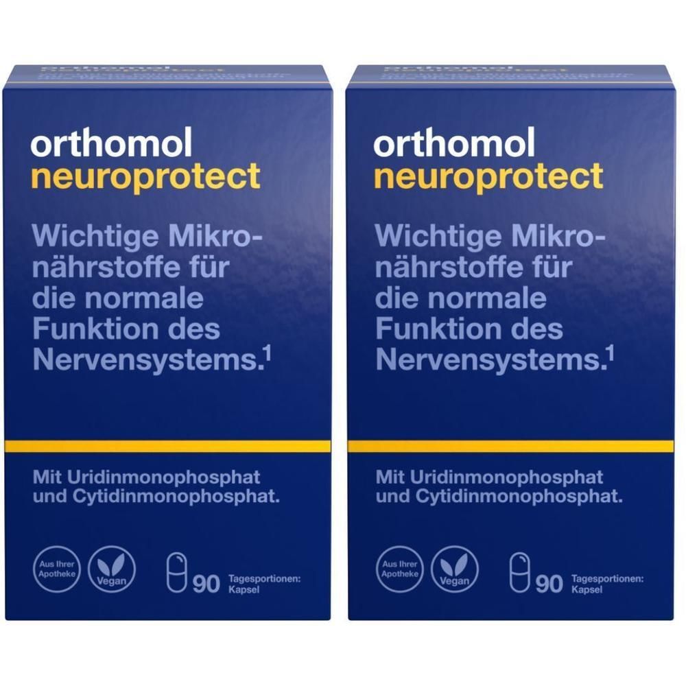 Zwei Schachteln Orthomol Neuroprotect. Blaue Verpackung mit Produktinformationen und Logo. Enthält 90 Kapseln.