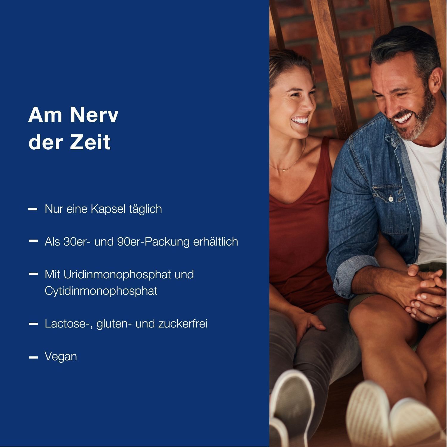 Text auf blauem Hintergrund. Informationen zu Neuroprotect: 1 Kapsel täglich, erhältlich als 30er- und 90er-Packung, vegan.