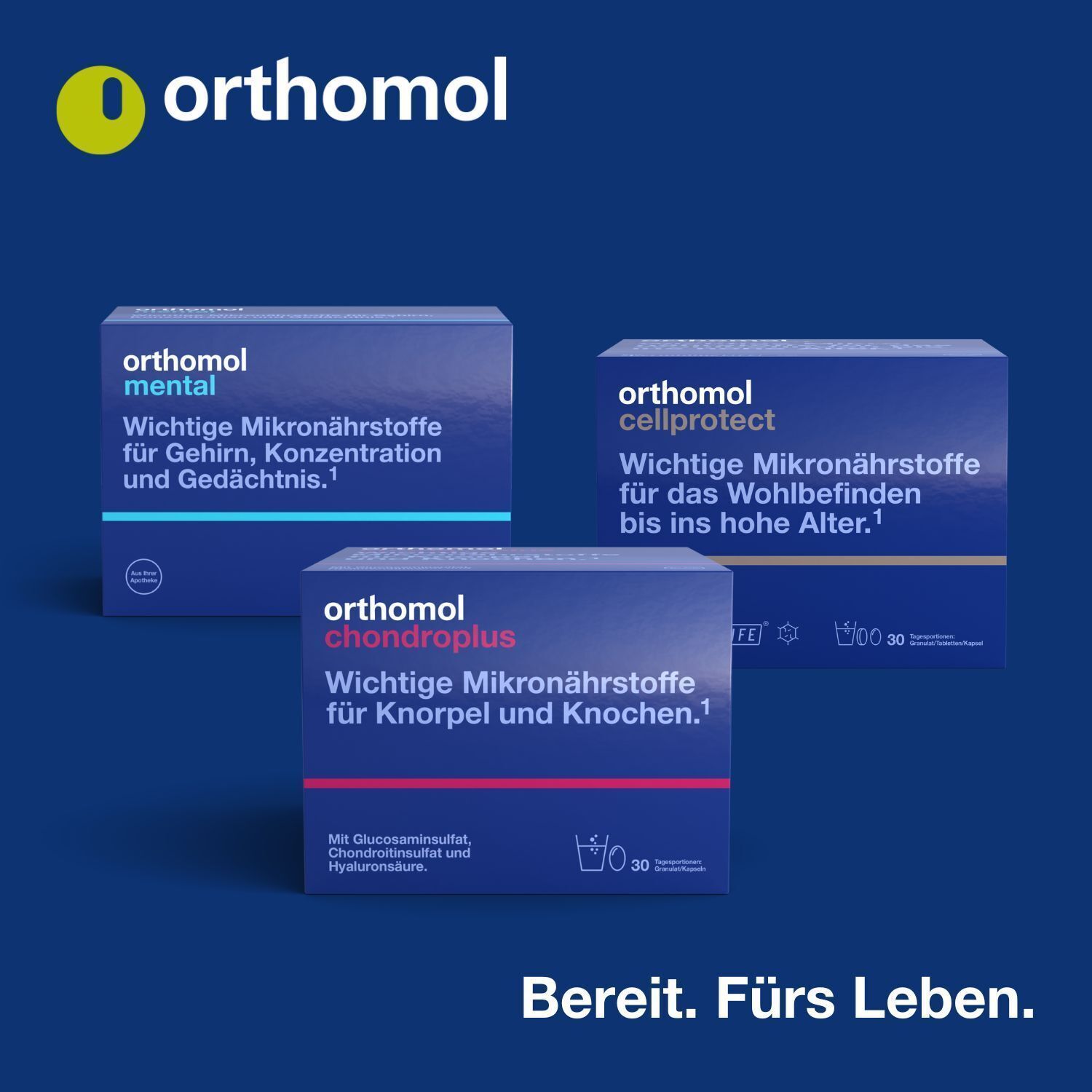 Drei Schachteln Orthomol-Produkte. Mental, Cellprotect und Chondroplus. Blaue Verpackungen mit Logo und Produktnamen.