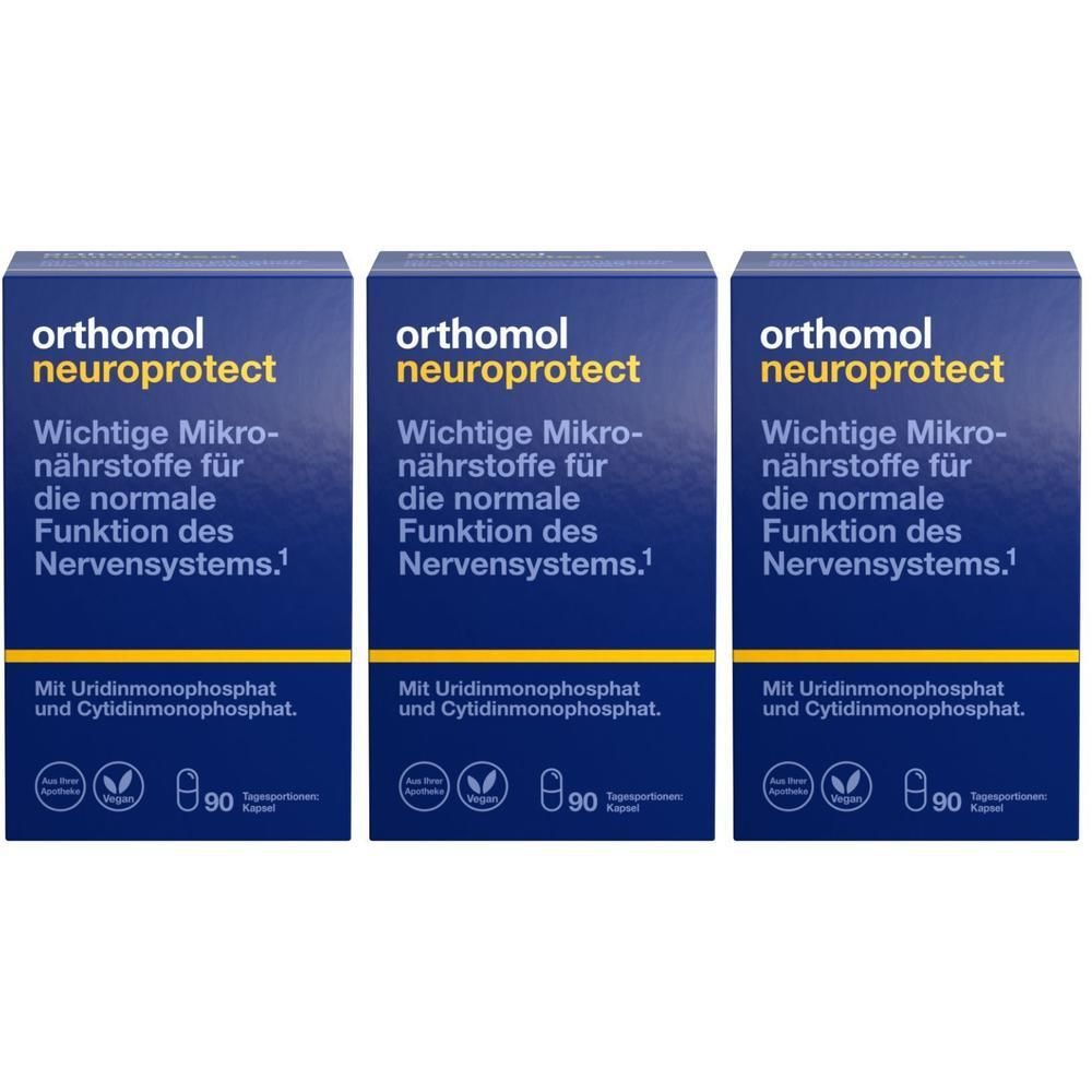 Drei Schachteln Orthomol Neuroprotect. Blaue Verpackung mit Produktinformationen und Logo. 90 Kapseln pro Packung.