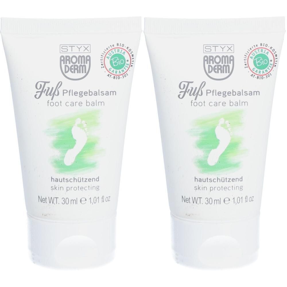 Zwei weiße Tuben mit grünen Akzenten. Aufschrift: STYX Aroma Derm Fuß Pflegebalsam, Bio-Kosmetik-Siegel. Text: hautschützend, Net WT. 30 ml.