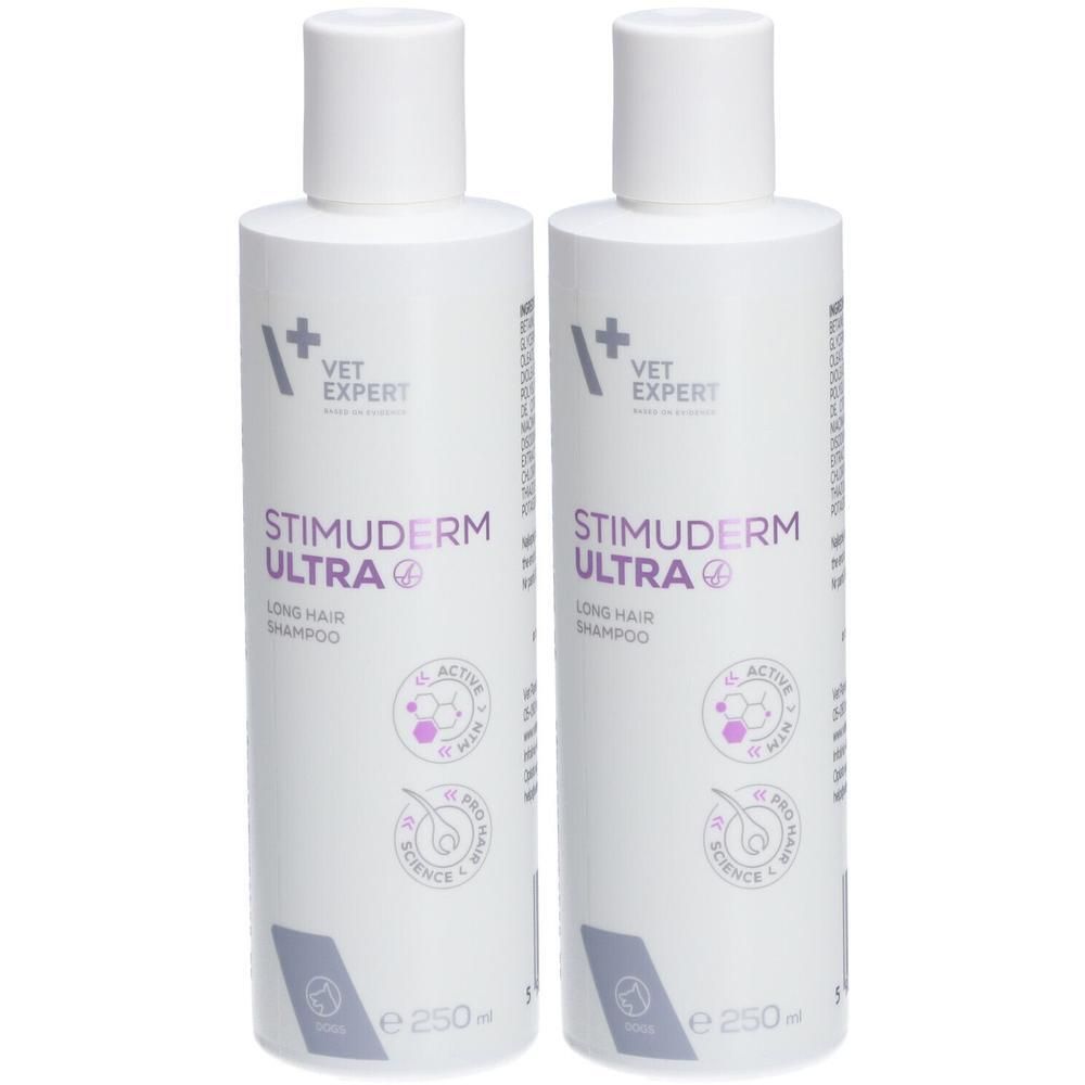 Zwei weiße Flaschen mit weißem Deckel. Auf jeder Flasche steht "VET EXPERT STIMUDERM ULTRA" und "LONG HAIR SHAMPOO".