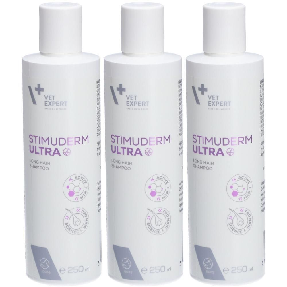 Drei weiße Flaschen mit weißen Deckeln. Auf jeder Flasche steht "VET EXPERT STIMUDERM ULTRA" und "LONG HAIR SHAMPOO".