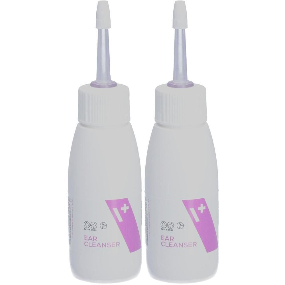 Zwei weiße Flaschen mit rosa Etikett und Aufschrift EAR CLEANSER. Mit Applikator-Spitze.