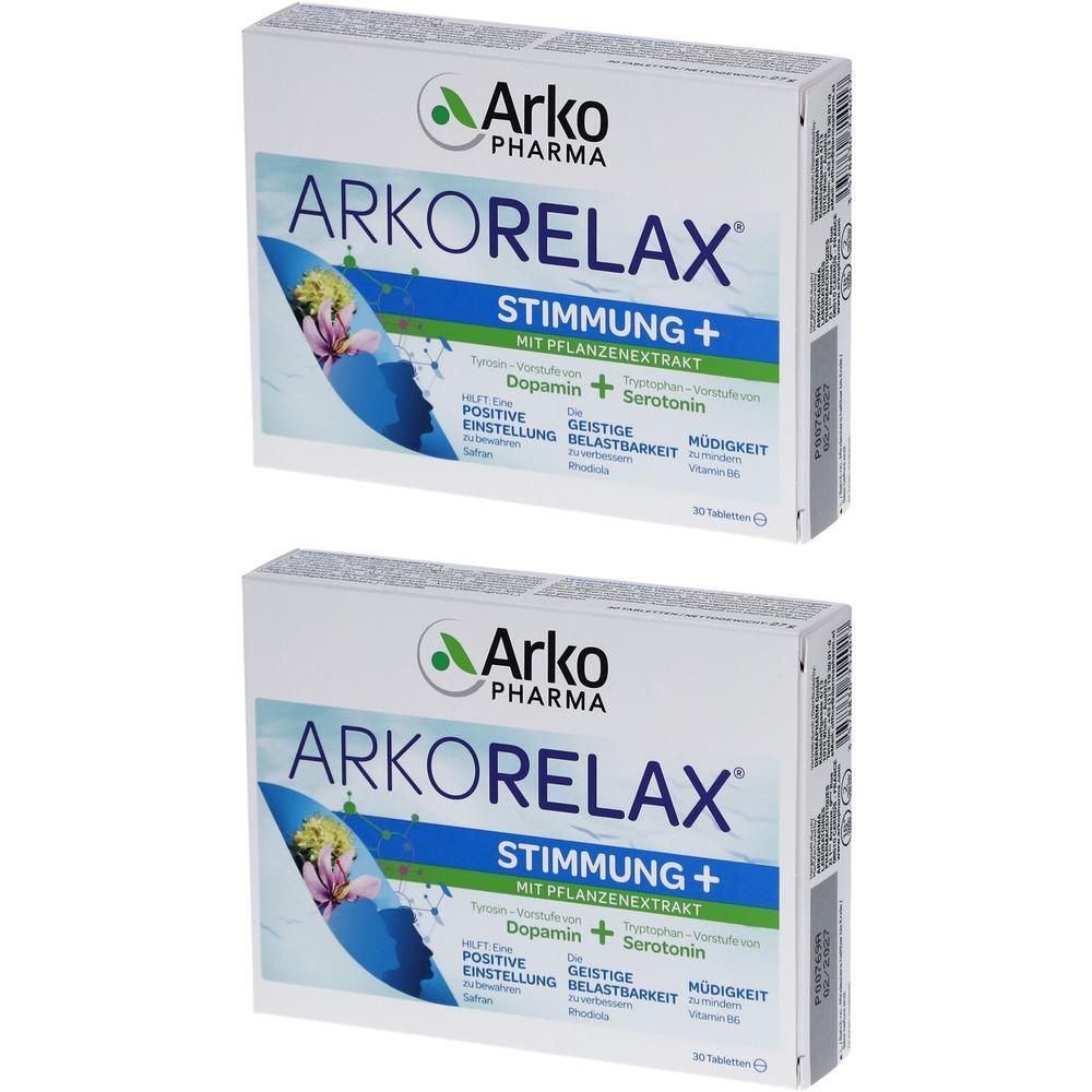 Zwei Schachteln ARKORELAX STIMMUNG+. Weiße Verpackung mit blauem und grünem Design. Text: Dopamin + Serotonin, positive Einstellung, geistige Belastbarkeit.