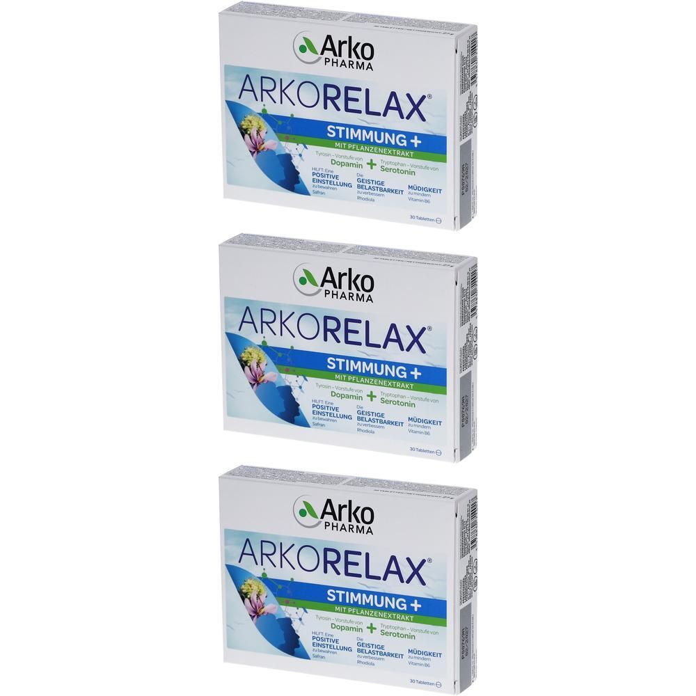 Drei Schachteln ARKORELAX STIMMUNG+. Weiße Verpackung mit blauem Wellenmuster und Produktnamen. Marke Arko Pharma.