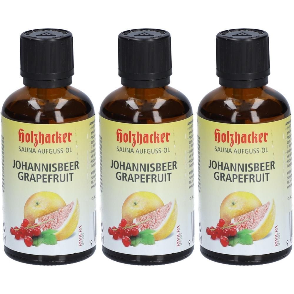 Drei braune Glasflaschen mit schwarzem Deckel. Auf den Etiketten steht "Holzhacker SAUNA AUFGUSS-ÖL JOHANNISBEER GRAPEFRUIT". Abbildung von Grapefruit und Johannisbeeren.