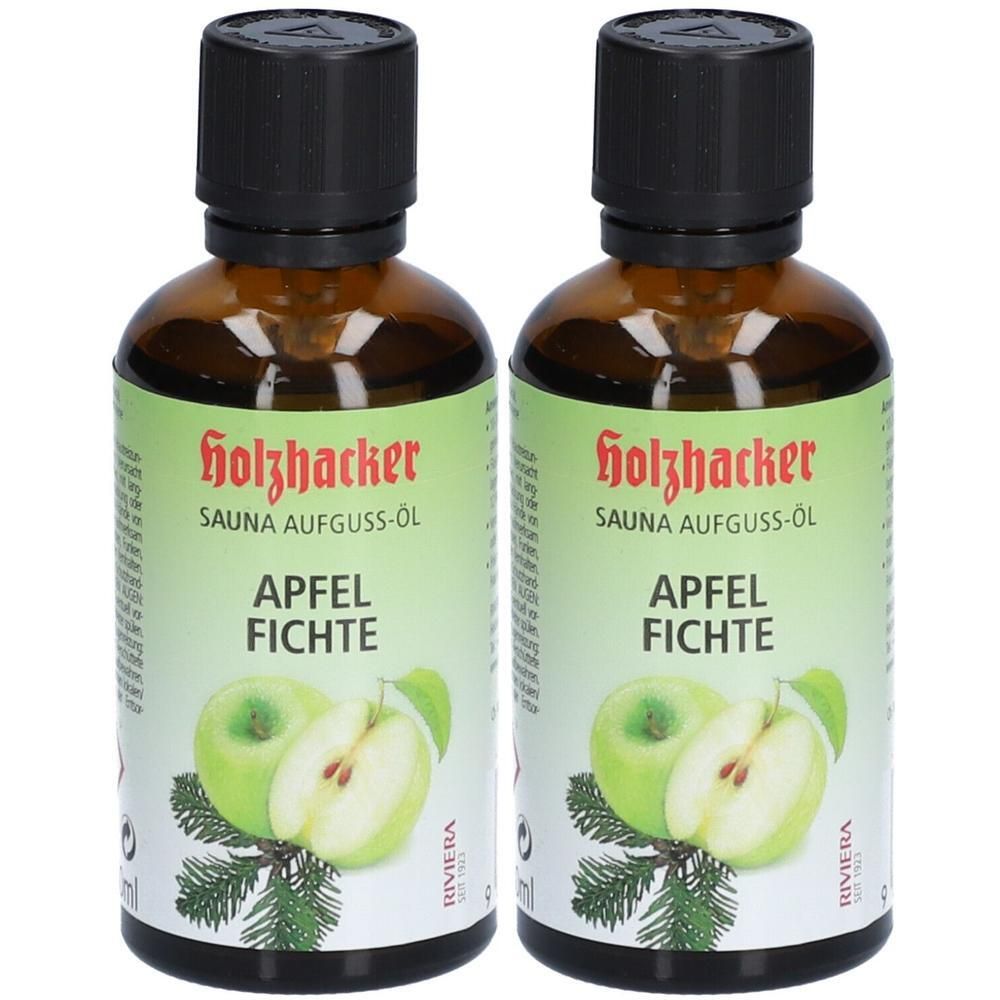 Zwei braune Glasflaschen mit schwarzem Verschluss. Auf den Etiketten steht "Holzhacker SAUNA AUFGUSS-ÖL APFEL FICHTE". Abbildung von Äpfeln und Fichtenzweigen.