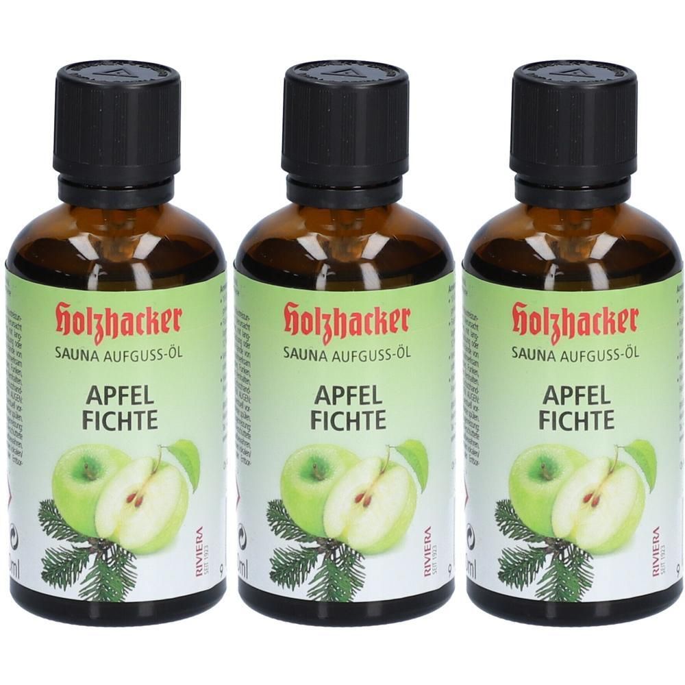 Drei braune Glasflaschen mit schwarzem Deckel. Auf den Etiketten steht "Holzhacker SAUNA AUFGUSS-ÖL APFEL FICHTE".