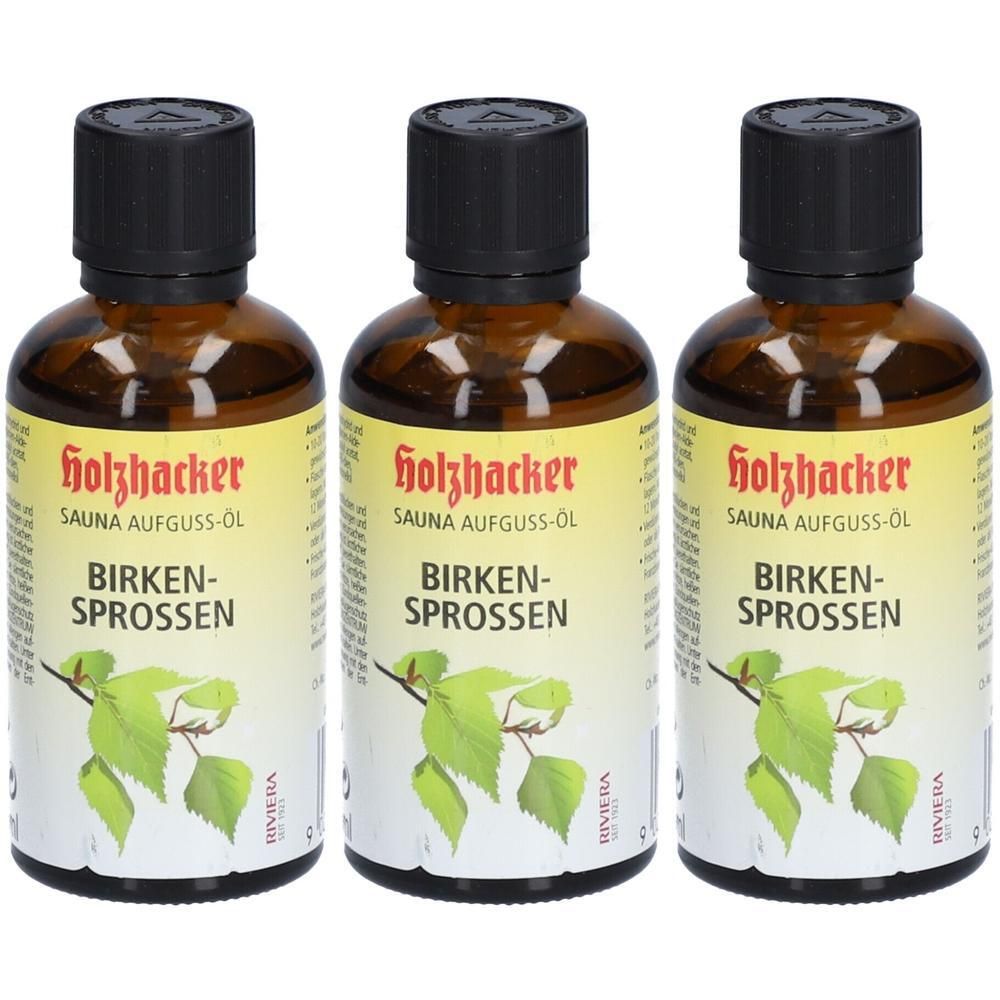 Drei braune Glasflaschen mit schwarzem Deckel. Auf den Etiketten steht "Holzhacker SAUNA AUFGUSS-ÖL BIRKEN-SPROSSEN".