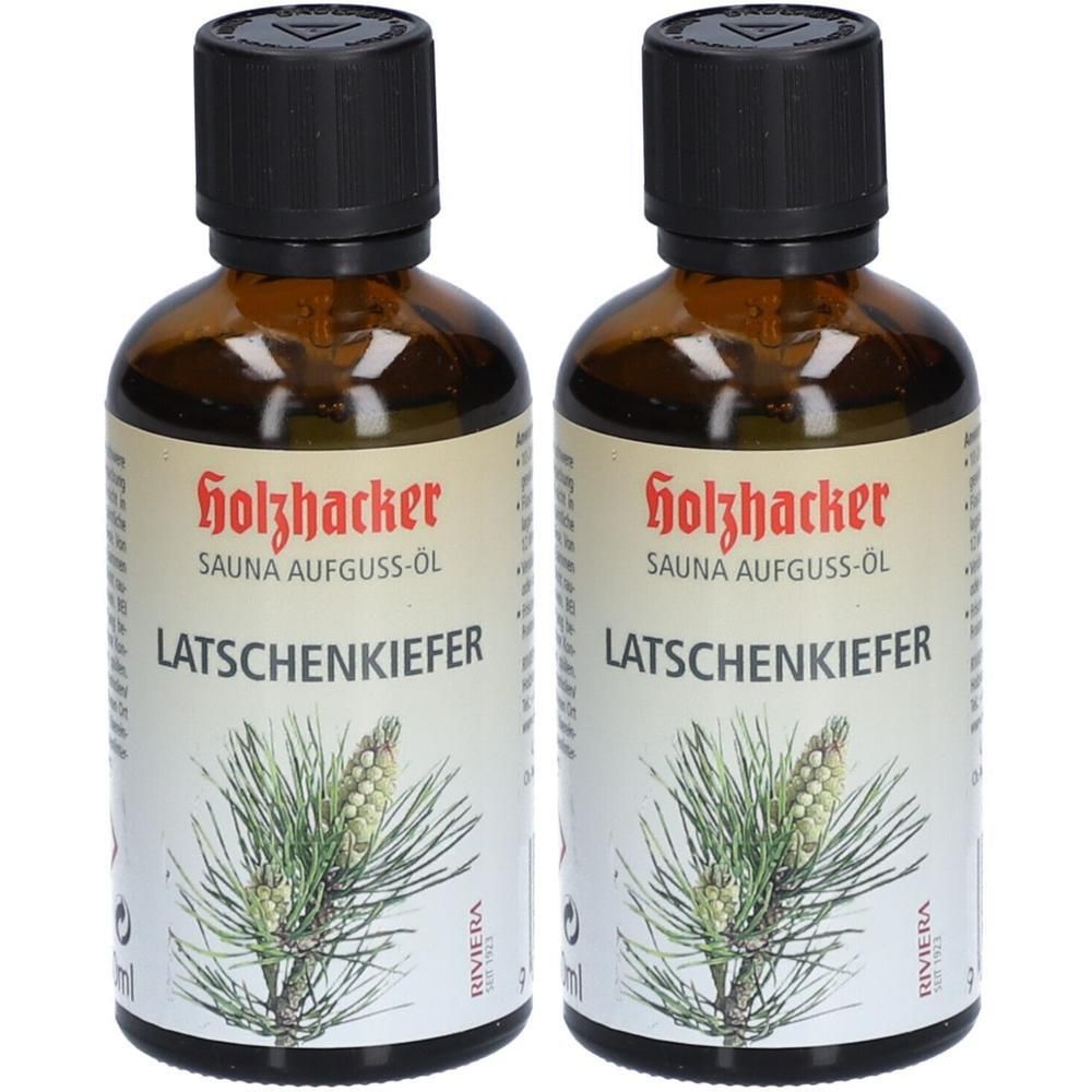 Zwei braune Glasflaschen mit schwarzem Verschluss. Auf den Etiketten steht "Holzhacker SAUNA AUFGUSS-ÖL LATSCHENKIEFER".