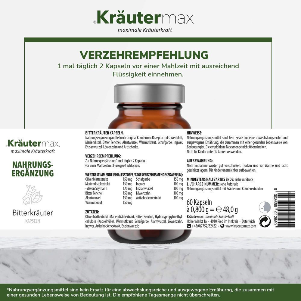 Braune Flasche mit Etikett. Text: Verzehrempfehlung, Zutaten, Nährwertangaben, 60 Kapseln, 0,800 g = 48,0 g.