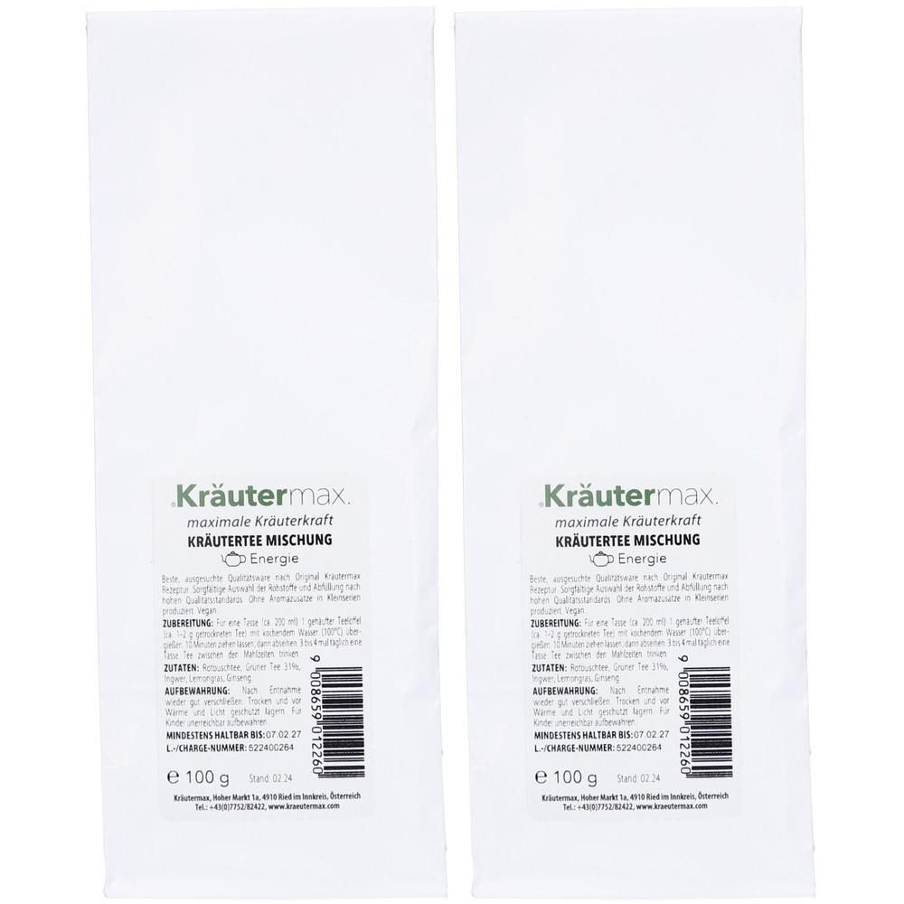 Zwei weiße Beutel Kräutertee. Aufdruck: Kräutermax, Kräuterteemischung, Energie. Barcode und Gewichtsangabe: 100 g.