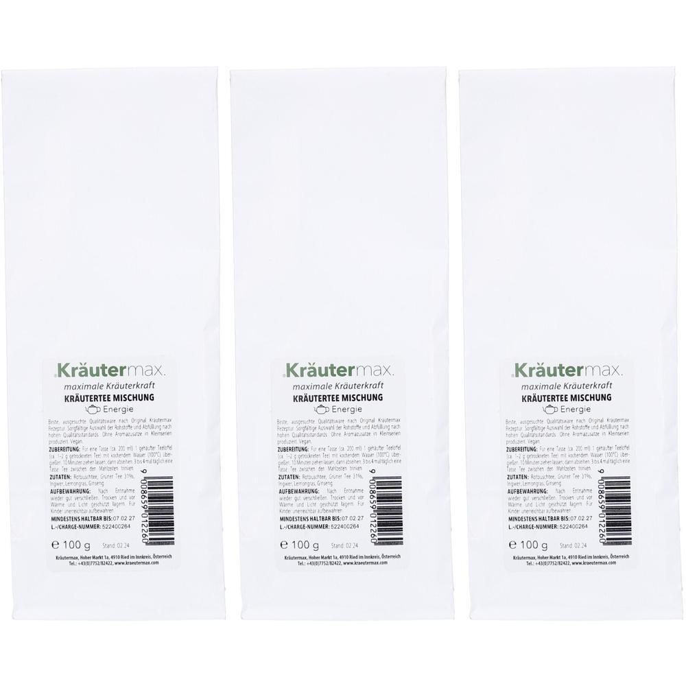 Drei weiße Beutel mit Kräutertee-Mischung. Aufdruck: Kräutermax, Kräutertee Mischung, Energie. Jede Packung enthält 100g.