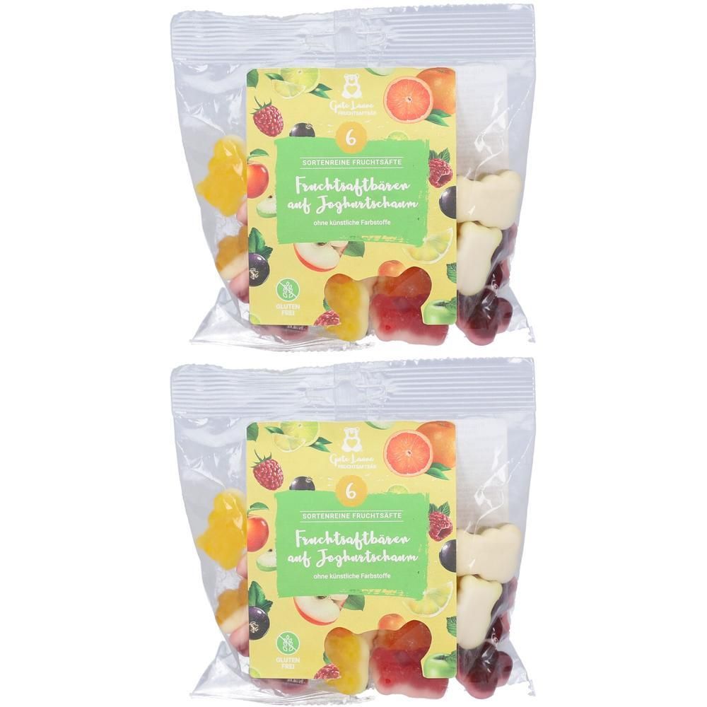 Zwei Beutel Fruchtgummi auf Joghurtschaum. Jeder Beutel enthält Fruchtgummis in verschiedenen Formen und Farben, verpackt in transparenten Beuteln.