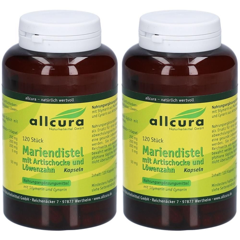 Zwei braune Flaschen mit weißen Deckeln. Auf den Etiketten steht "Mariendistel mit Artischocke und Löwenzahn Kapseln" und "allcura".