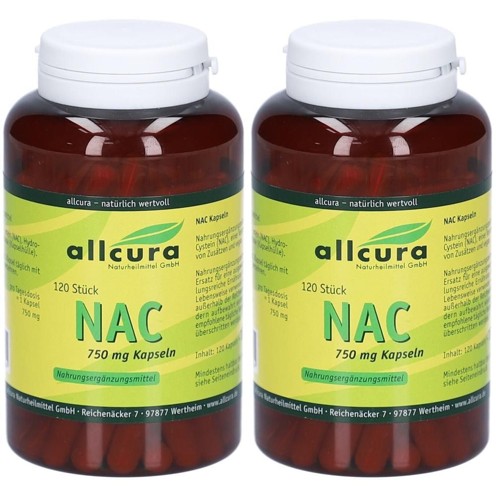 Zwei braune Flaschen mit weißen Deckeln. Auf den Etiketten steht "allcura NAC 750 mg Kapseln". Jede Flasche enthält 120 Stück.