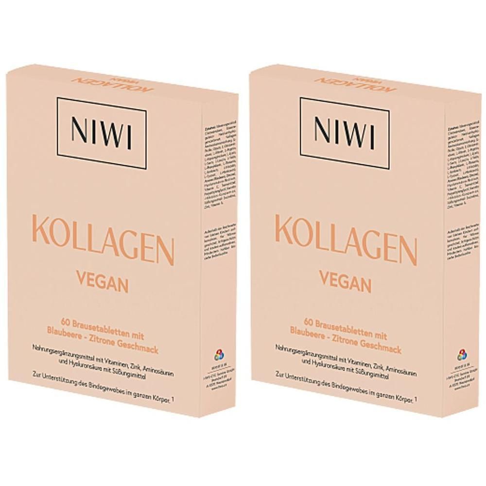 Zwei Kartons NIWI KOLLAGEN VEGAN. Aufschrift: KOLLAGEN, VEGAN, 60 Brausetabletten mit Blaubeer-Zitronen Geschmack. Hellrosa Verpackung.
